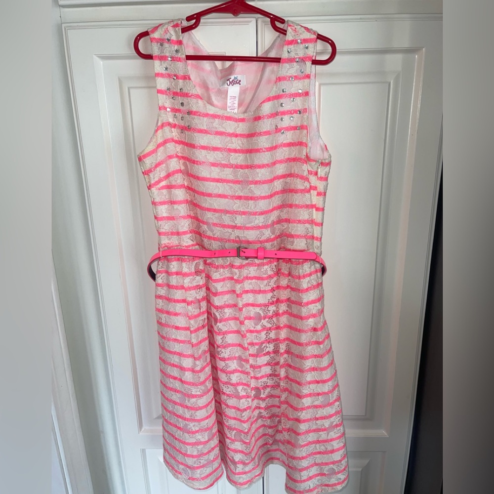 Justice Pink White Lace Easter Dress Girls 14 Belt Rhinestones